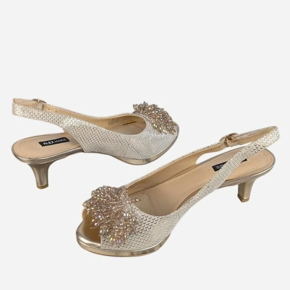 Alex Marie Marla Sand Gold Crystal Beaded Slingback Kitten Heel Size 6